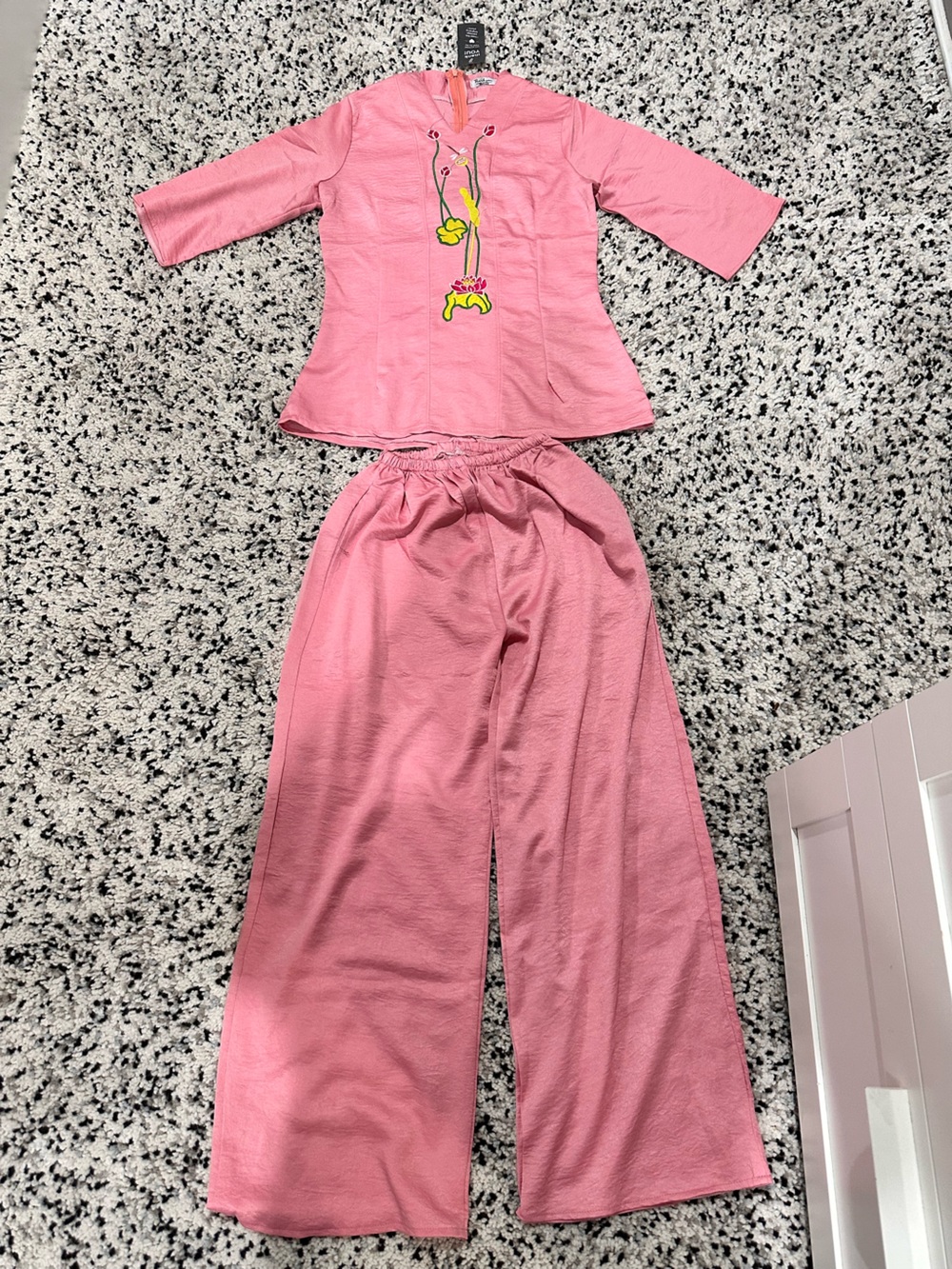 Elegant Pink Lotus Embroidered Two-Piece Set